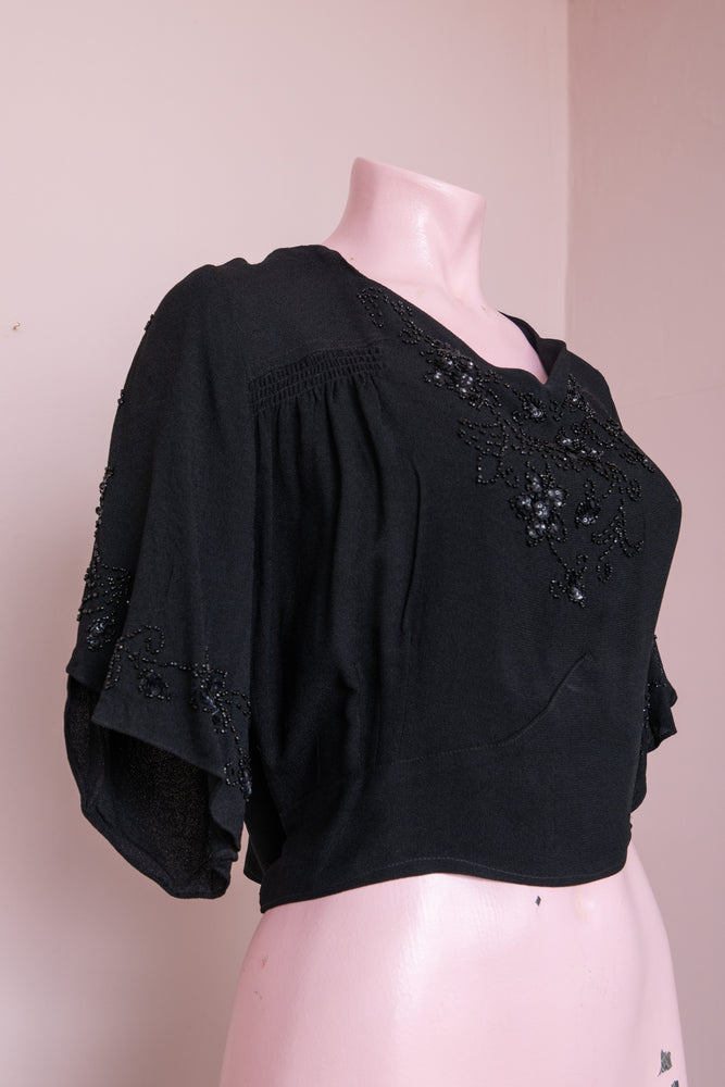 Antique 30s/40s black crepe beaded top with tie at the back