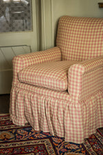 Reupholstered checked linen armchair with frill