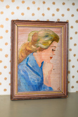 Vintage portrait oil painting in wooden frame