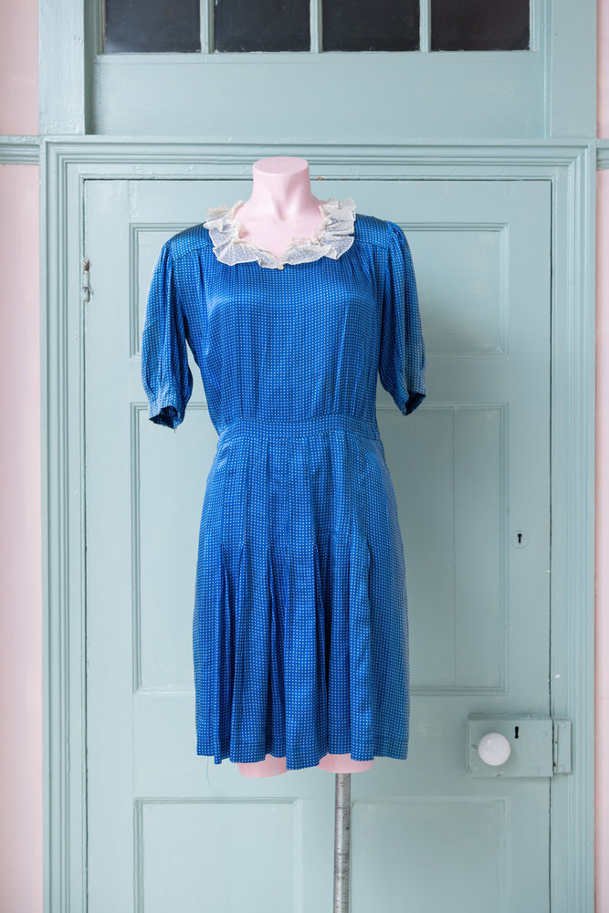 Vintage 1940s blue satin dress with white lace collar