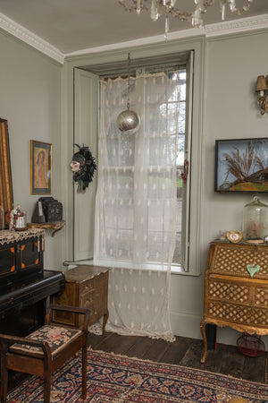 Antique large French lace curtain with fringe