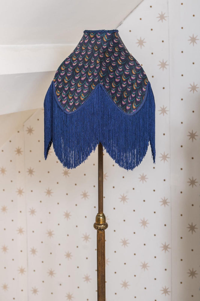 Vintage handmade brass standing lamp with blue fringe lampshade