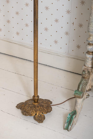 Vintage handmade brass standing lamp with blue fringe lampshade