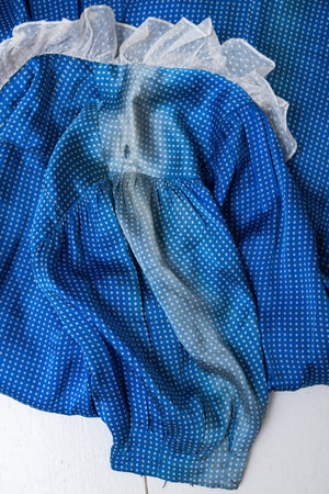 Vintage 1940s blue satin dress with white lace collar
