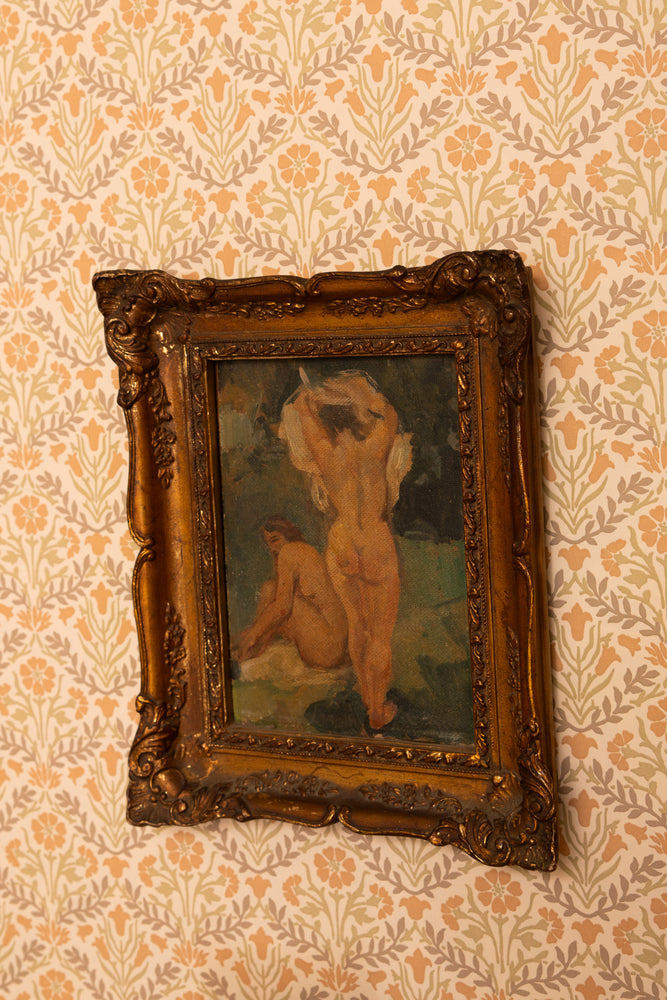 Antique oil painting of two women bathing in gold frame