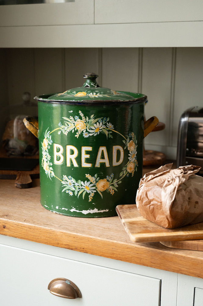Antique Mint Green floral Metal Bread Bin