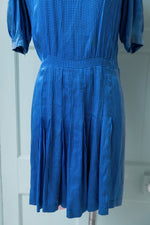 Vintage 1940s blue satin dress with white lace collar