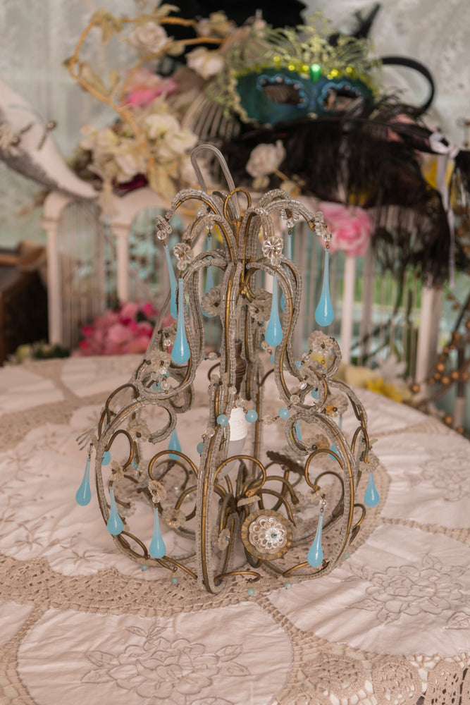 Antique italian beaded chandelier with glass blue droplets