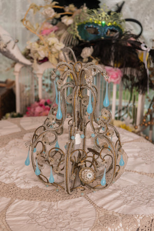Antique italian beaded chandelier with glass blue droplets