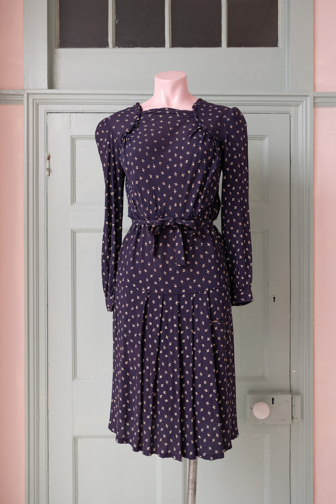Vintage 1940s Navy floral crepe dress