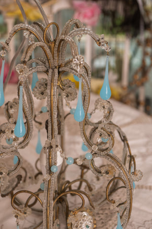 Antique italian beaded chandelier with glass blue droplets