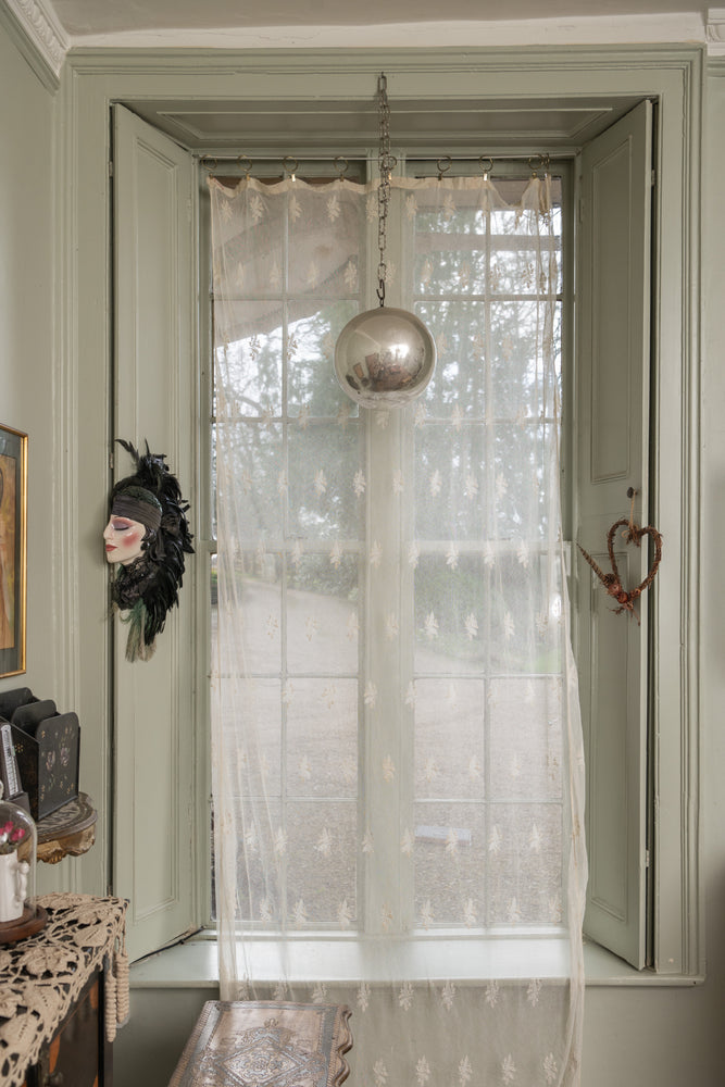 Antique large French lace curtain with fringe