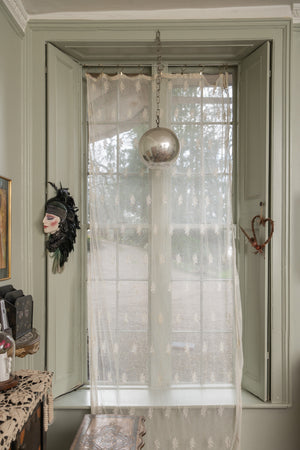 Antique large French lace curtain with fringe