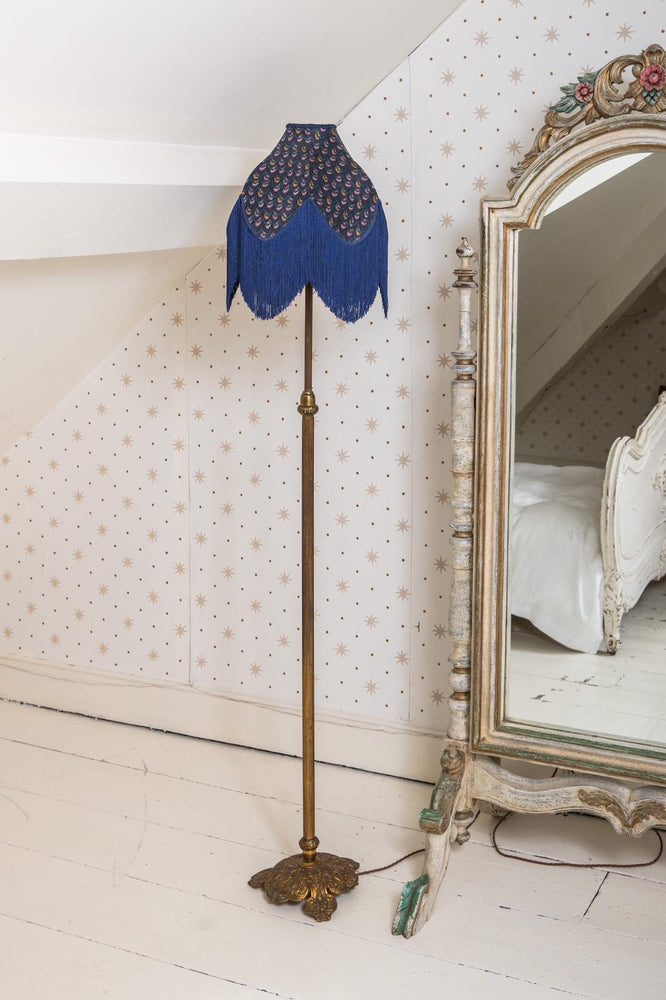 Vintage handmade brass standing lamp with blue fringe lampshade