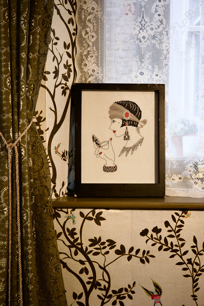 Antique 1920s framed portrait tapestry