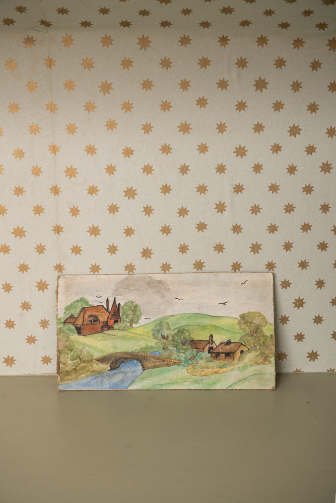 Vintage cottage oil painting on board