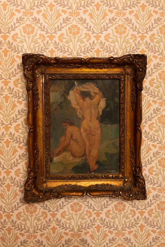 Antique oil painting of two women bathing in gold frame