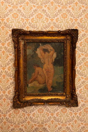 Antique oil painting of two women bathing in gold frame