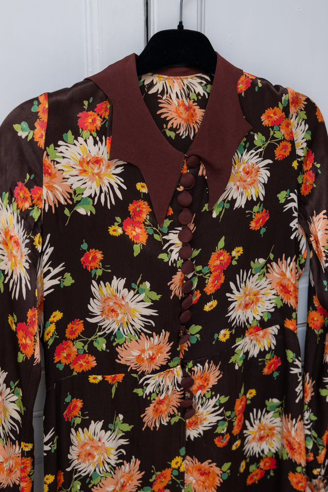 Vintage 1940s brown floral silk dress