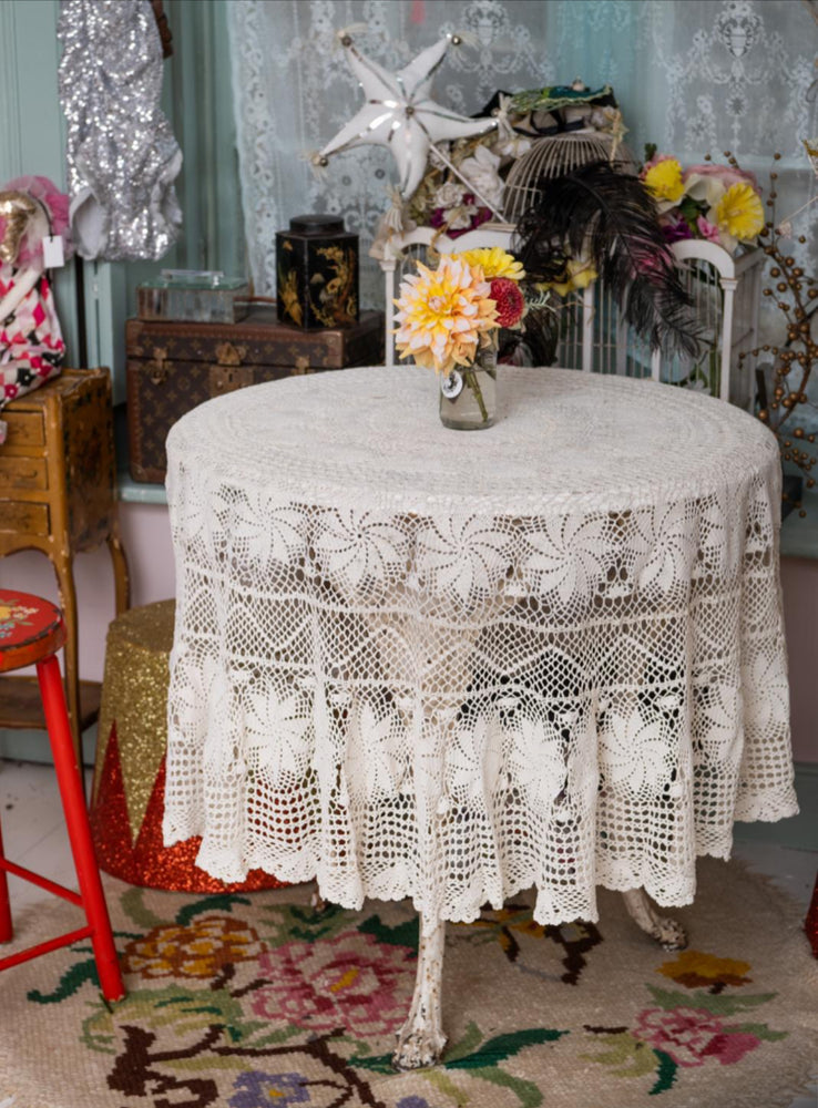 Vintage round ivory crochet tablecloth