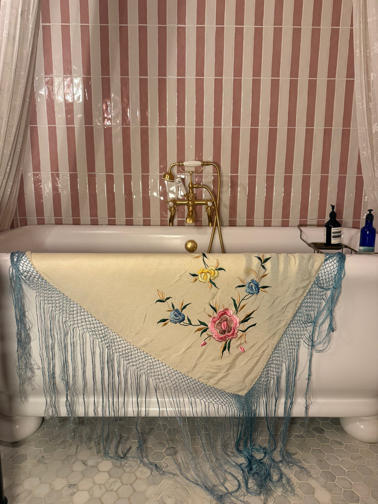 Antique 1920s silk floral piano shawl