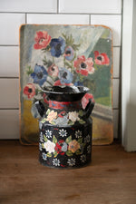 Vintage barge ware black floral metal Vase
