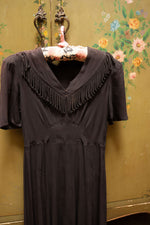 Vintage 1940s black fringe crepe dress