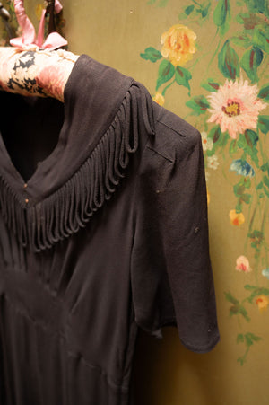 Vintage 1940s black fringe crepe dress