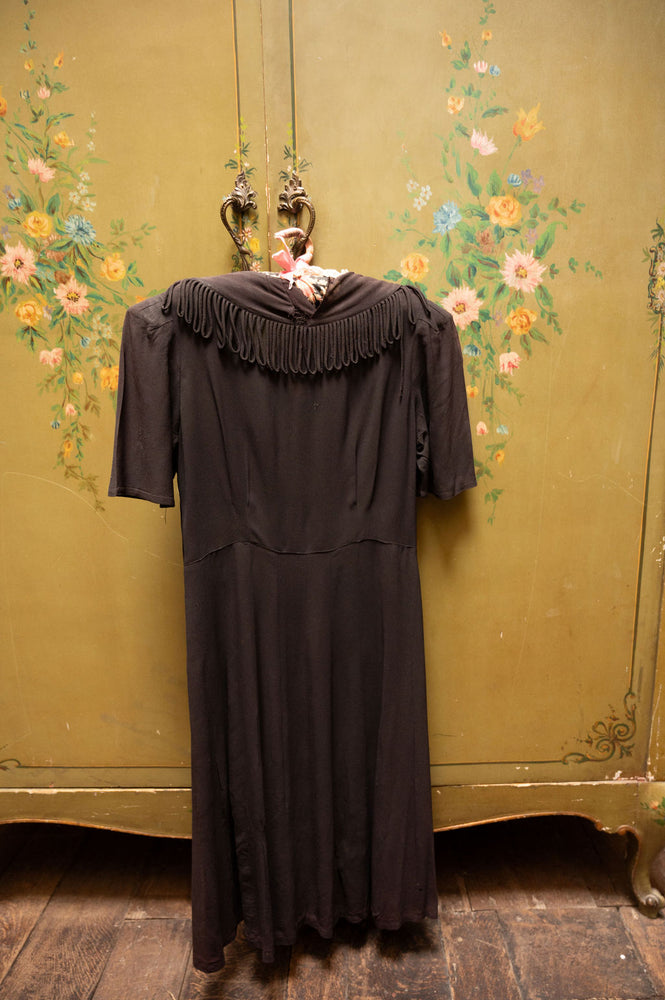 Vintage 1940s black fringe crepe dress
