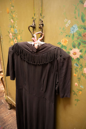 Vintage 1940s black fringe crepe dress