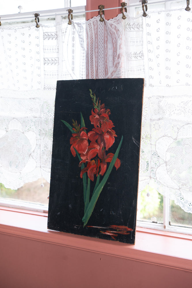 Antique red Gladioli painting on a black board