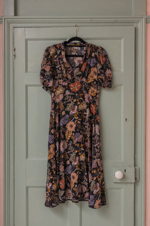 Black floral liberty silk Marilyn midi