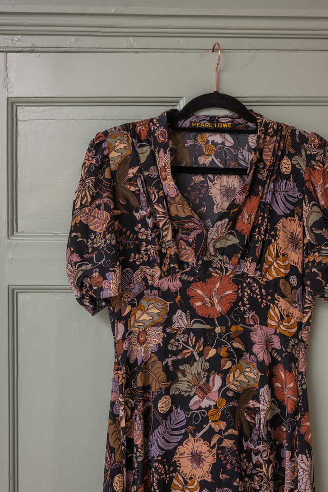 Black floral liberty silk Marilyn midi