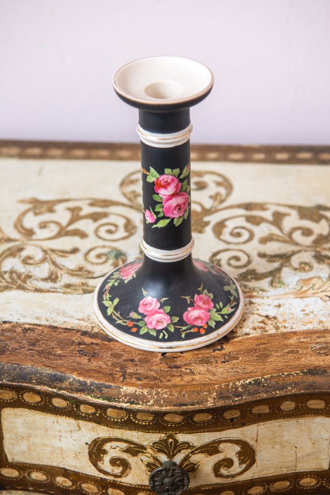 Antique Minton C1903 Black floral ceramic candlestick holder