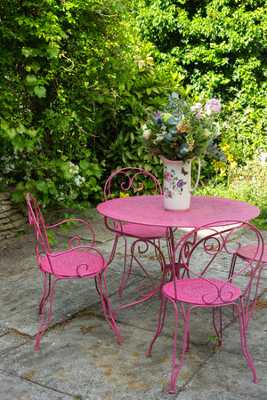 Antique French pink metal garden Table & 4 chairs