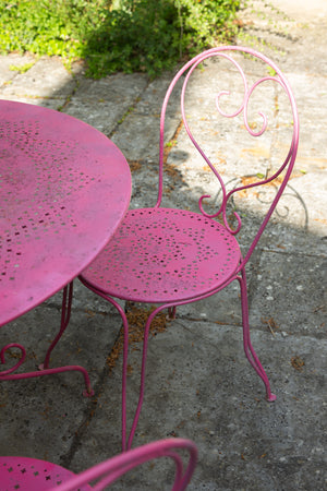Antique French pink metal garden Table & 4 chairs