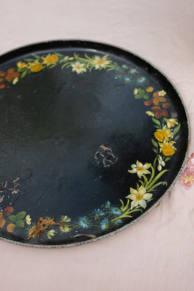 Antique black floral round tray
