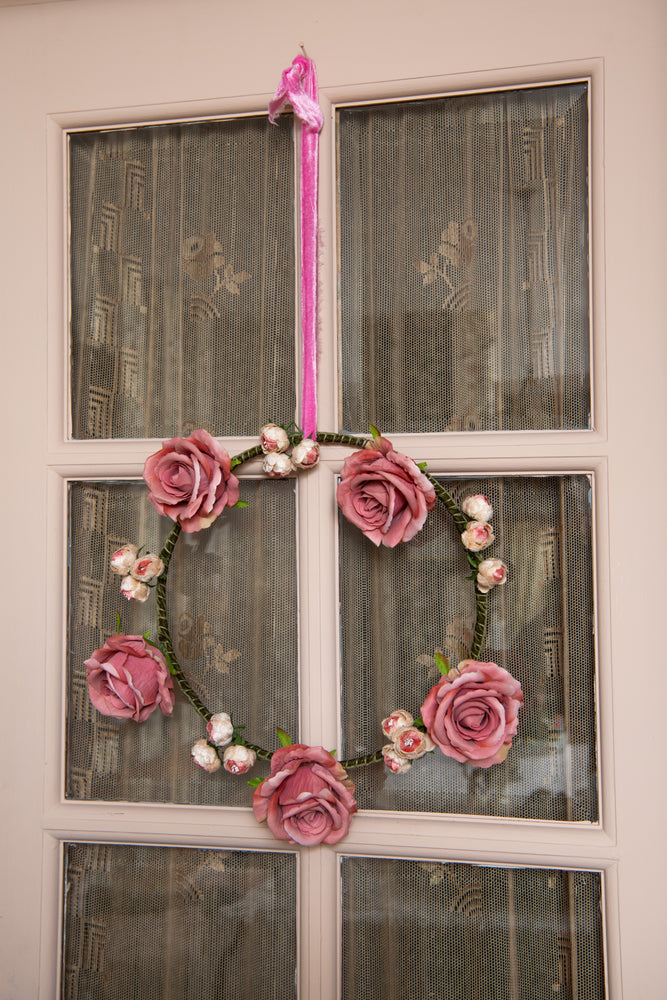 Handmade Green Velvet wreath with pink velvet flowers