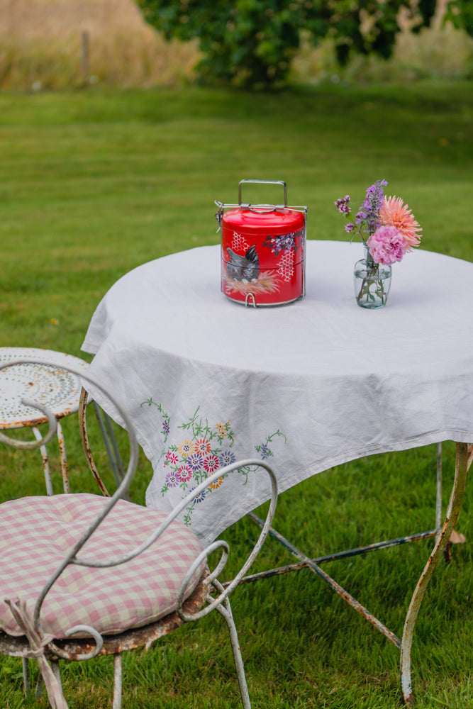Vintage floral embroidered linen tablecloth