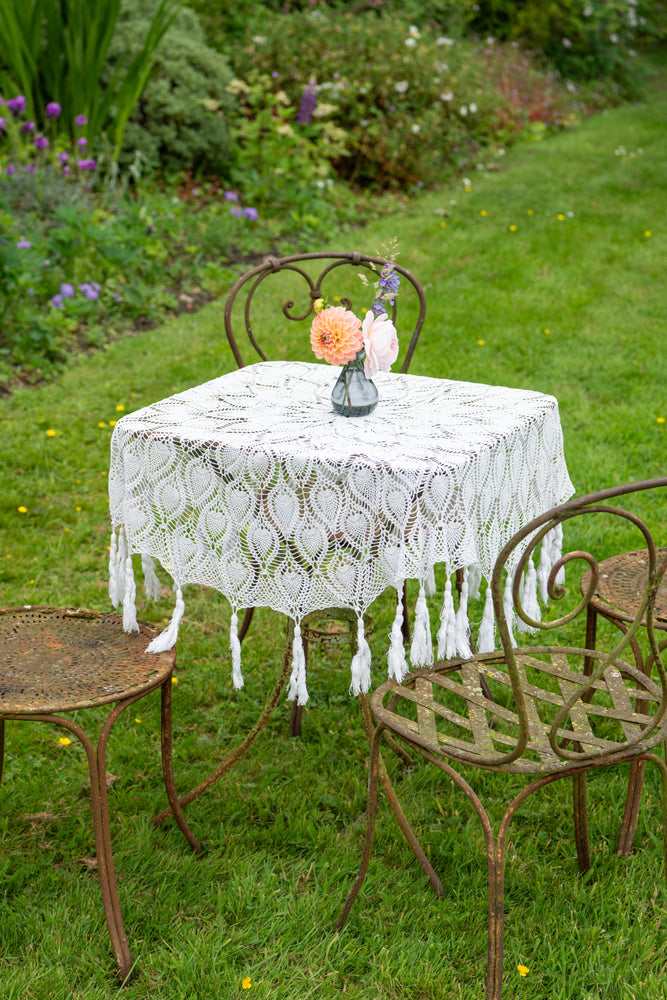 Antique French crochet fringe tablecloth