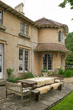 Wooden oak garden table with 2x wooden oak benches