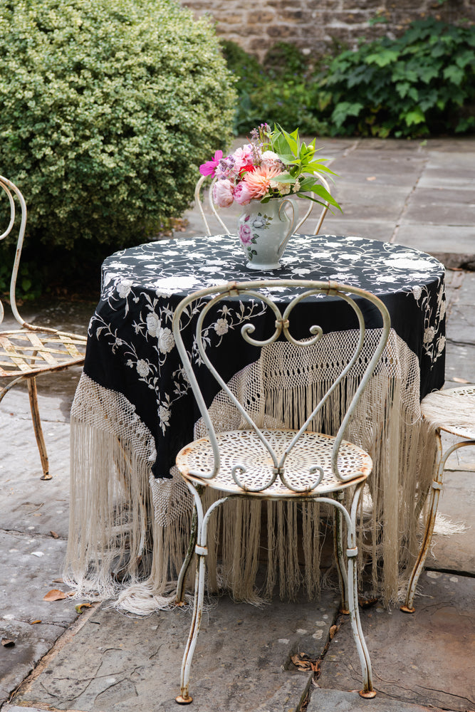 Antique black and white piano shawl with heavy fringe