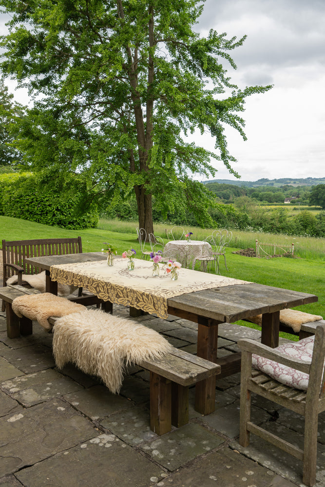 Wooden oak garden table with 2x wooden oak benches