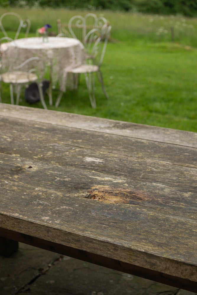 Wooden oak garden table with 2x wooden oak benches
