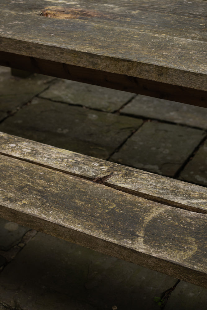 Wooden oak garden table with 2x wooden oak benches