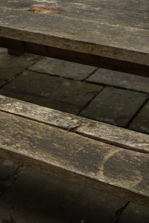 Wooden oak garden table with 2x wooden oak benches