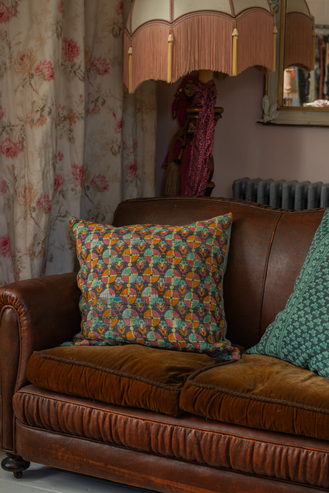 Pair of large vintage Kantha square cushions