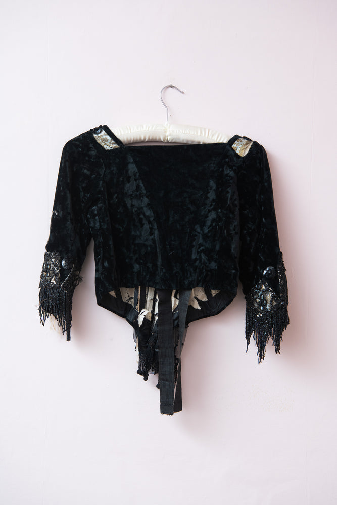 Antique silk black velvet beaded Victorian jacket A few beads missing and rips to fabric (sold as seen!)