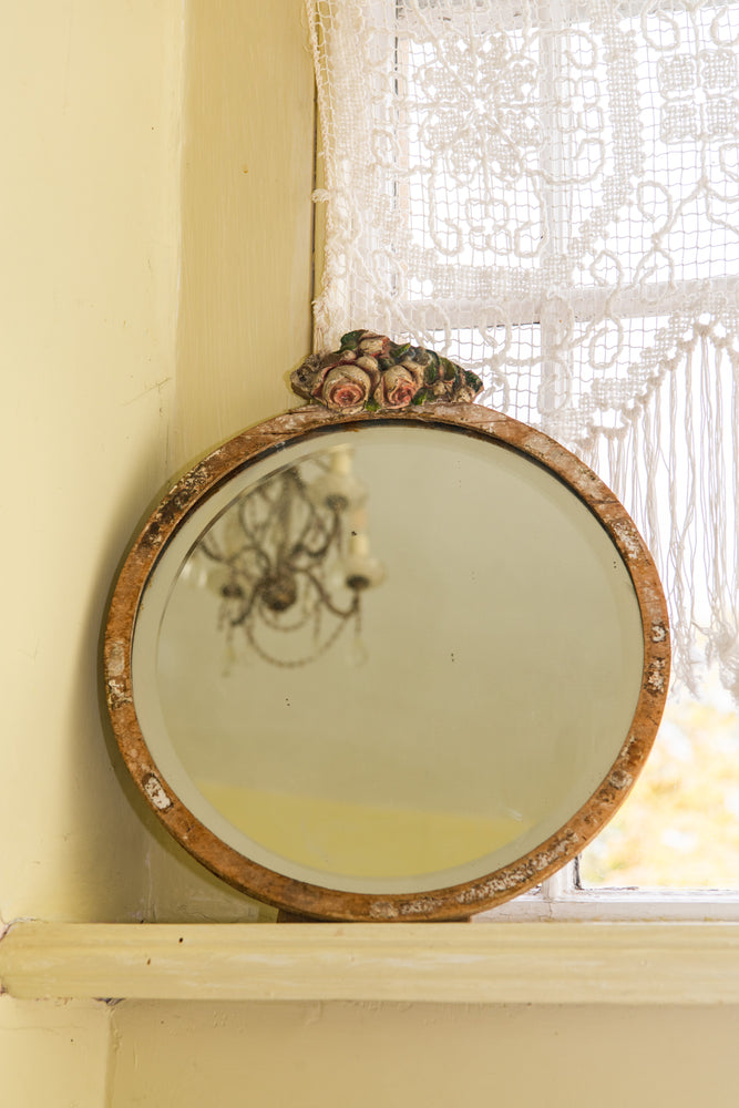 Antique Barbola circular bevelled mirror