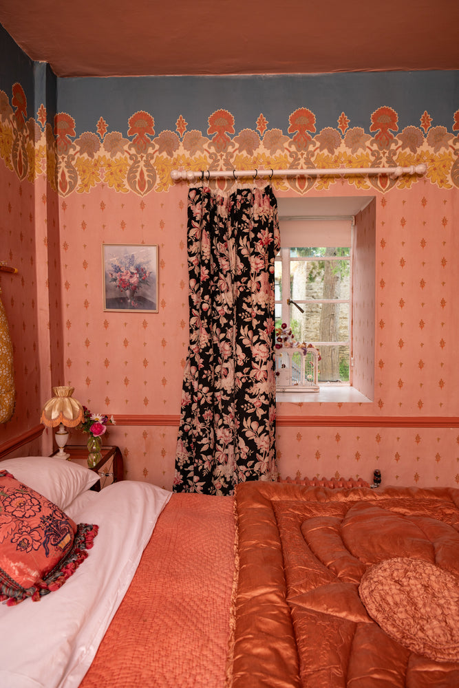 Antique lined black floral curtain